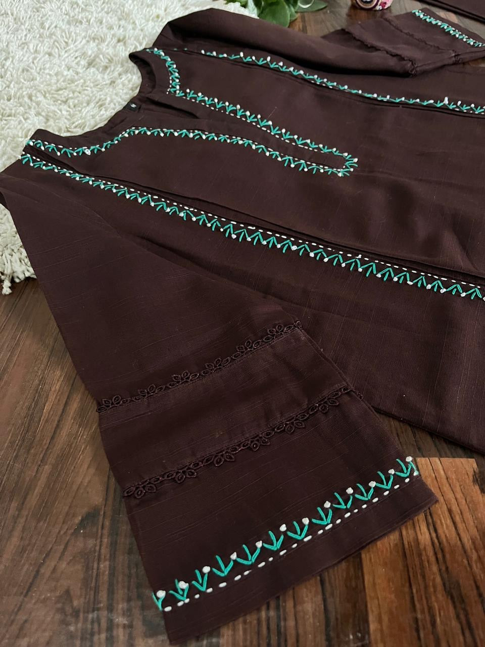 2Pc - Khaddar Hand Embroidered Stitched Suit - Brown