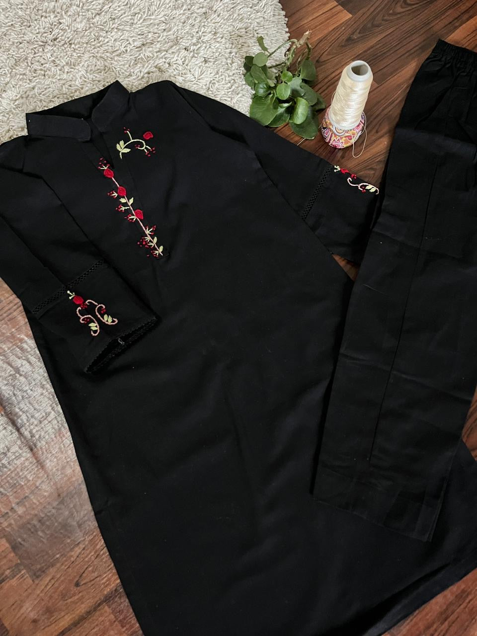 2Pc - Khaddar Hand Embroidered Stitched Suit - Black