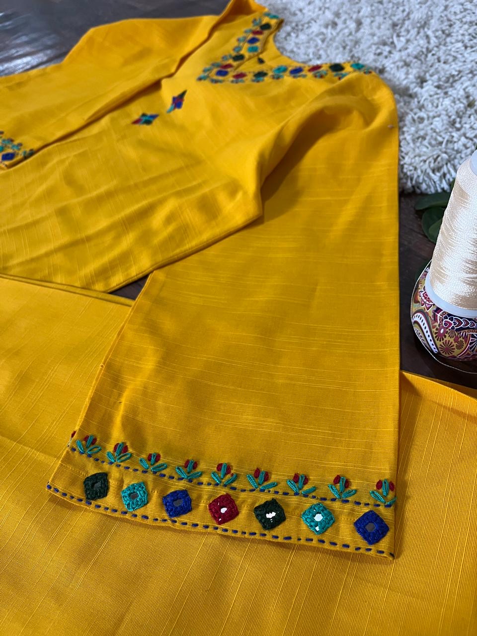 2Pc - Khaddar Hand Embroidered Stitched Suit -Yellow