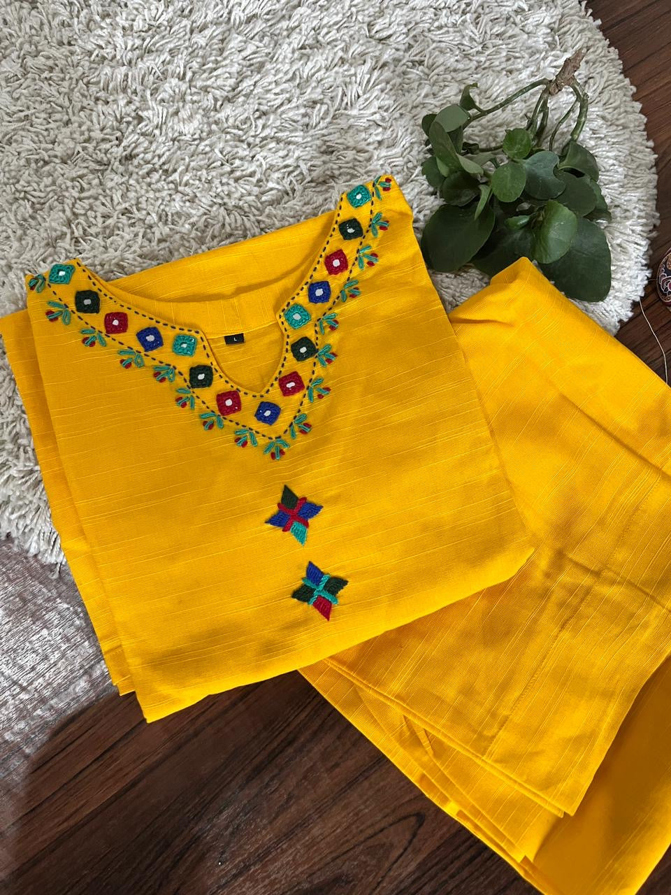 2Pc - Khaddar Hand Embroidered Stitched Suit -Yellow