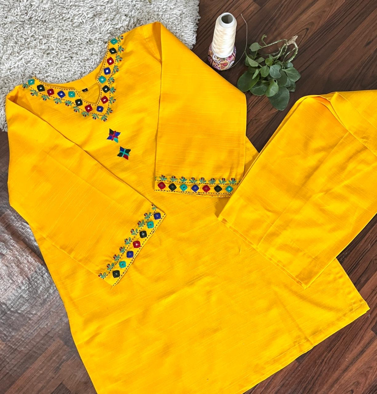 2Pc - Khaddar Hand Embroidered Stitched Suit -Yellow