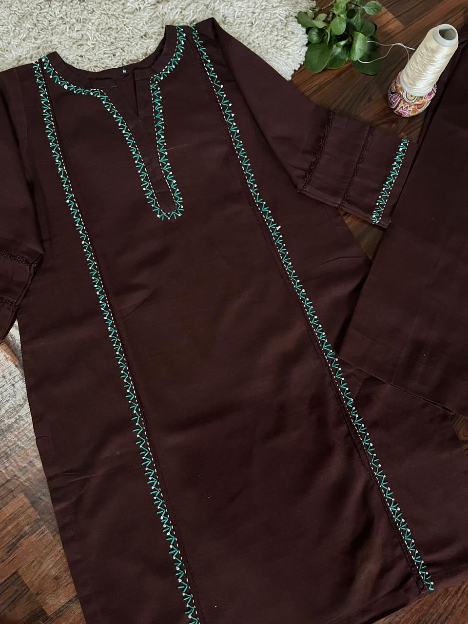 2Pc - Khaddar Hand Embroidered Stitched Suit - Brown