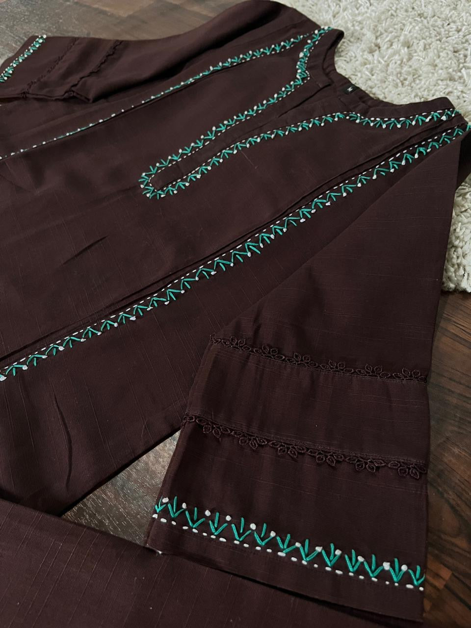 2Pc - Khaddar Hand Embroidered Stitched Suit - Brown