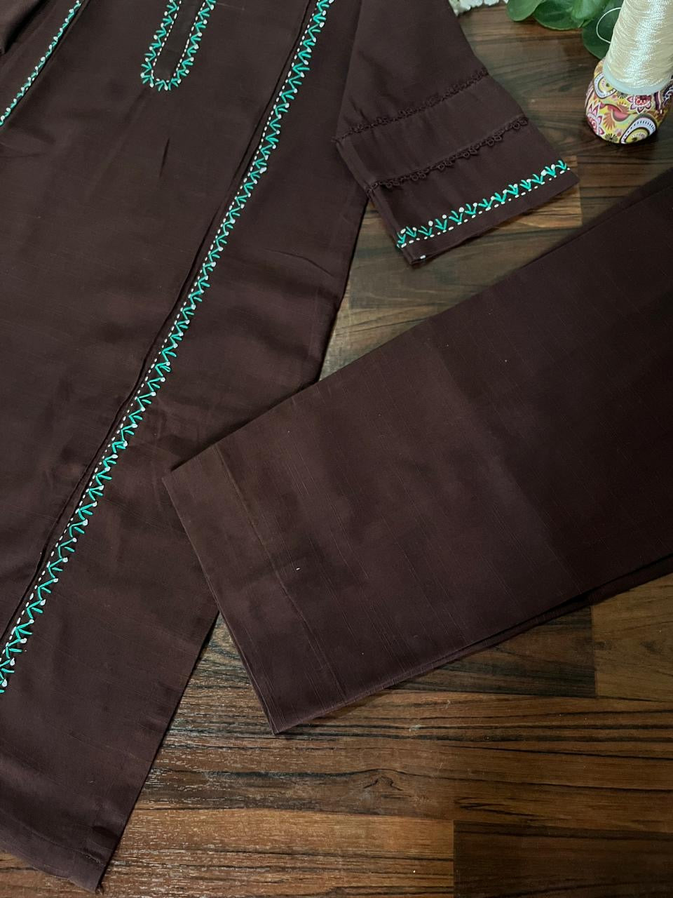 2Pc - Khaddar Hand Embroidered Stitched Suit - Brown