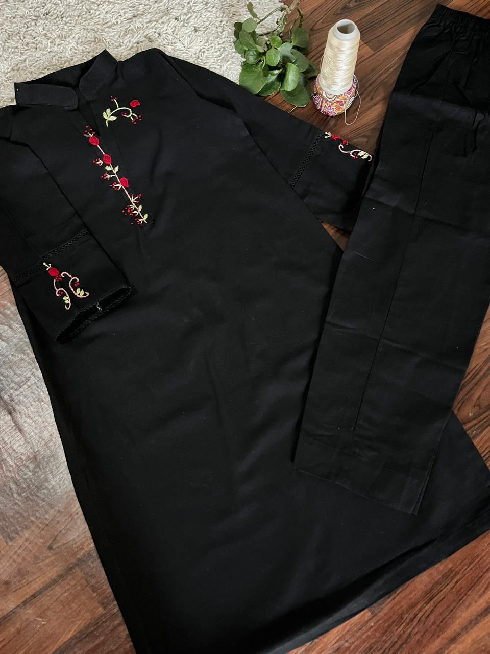2Pc - Khaddar Hand Embroidered Stitched Suit - Black