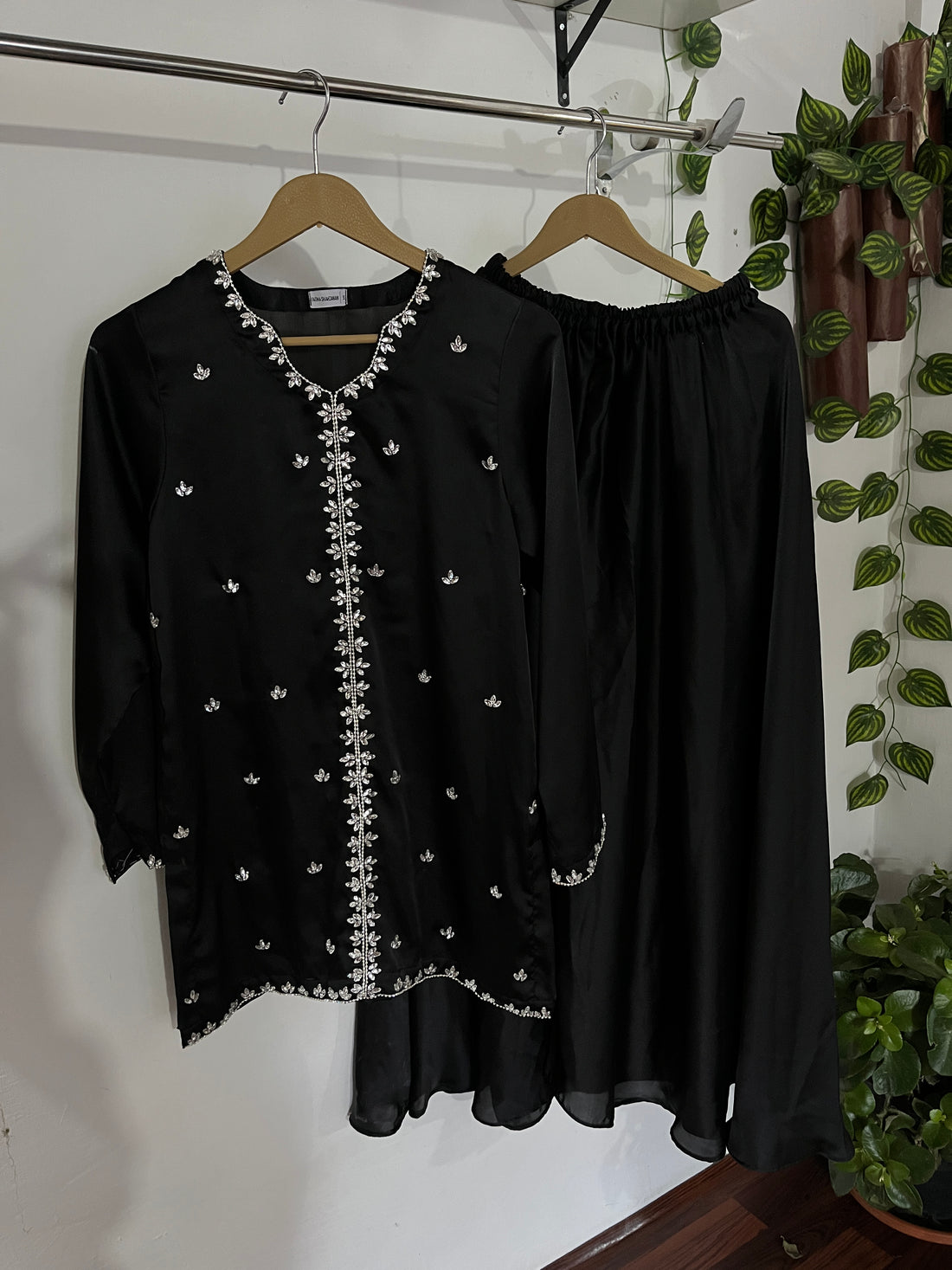Black silk suit